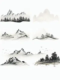 极简主义山水插图，水墨山脉由不同的线条组成黑白