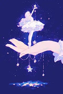 This may contain: a hand holding a ballerina with stars in the sky