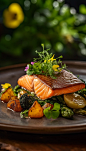 Salmon, Smoky Grilled Delight, Vibrant Greens, Subtle Elegance, Rustic Wood, Soft Natural Light, Earthy Tones, Artfully Arranged, Selective Focus, Dynamic Composition, Nikon D850 with a 50mm lens at f/2.8, Golden Hour, in the style of Chef Heston Blumenth