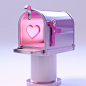 C4D render of an open mailbox with a heart symbol on the side, white background, left side view, poured resin, clear and bright, chrome reflection style, semi - transparent plane, realistic light depiction, light magenta, zbrush, post process, ad - inspir