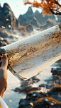 AI卷轴--china-chic style, gold and silver tone, 3d chalcedony carved , an open scrool floatingin the air, with some ancient characters on it. on the unrolled scroll stood an ancientpoets, with illustrations of mountains and rivers in the background.delicate