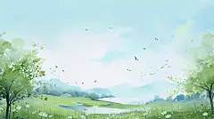 水彩山水风景插画蓝天白云草地唯美清新桌面壁纸春天立春