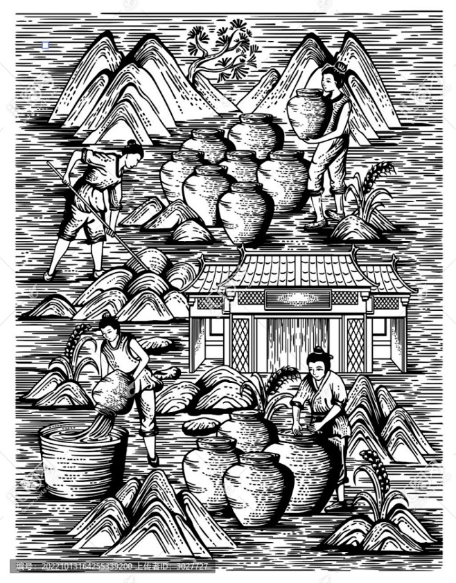 古代白酒酿酒流程图版画