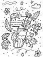 儿童彩色书。手绘的涂鸦矢量插图与数字和动物。七只可爱的瓢虫带着花和叶子飞。