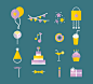16款生日元素图标矢量素材，素材格式：AI，素材关键词：气球,图标,生日,甜甜圈,蛋糕,三角拉旗,蜡烛,饮料,礼花,生日礼帽,音符
