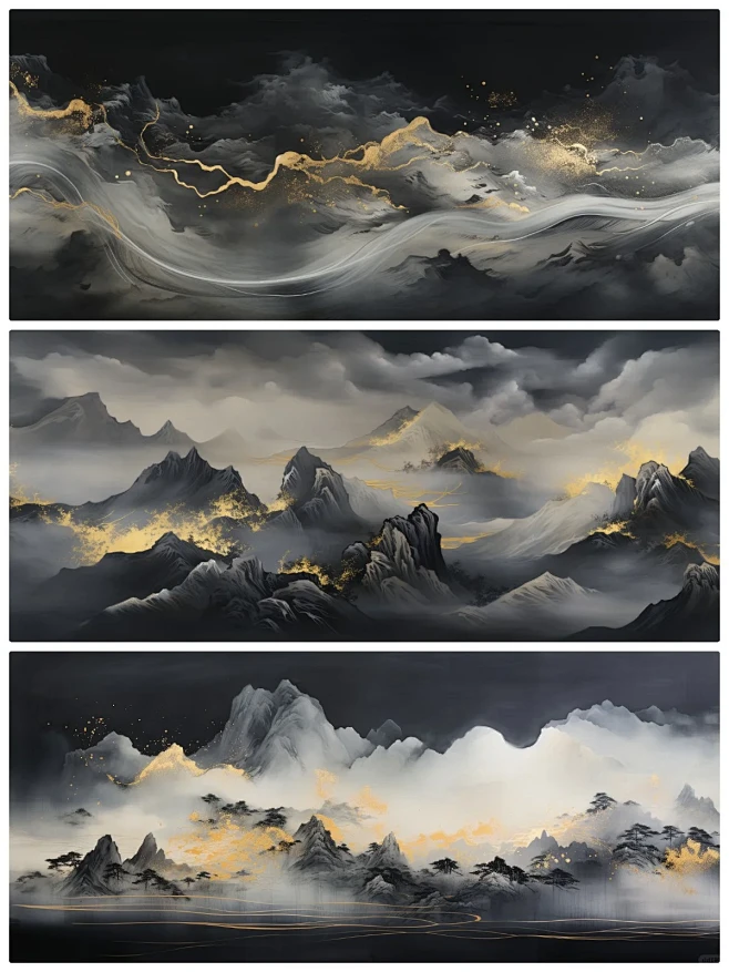 墨色山水2|国风山水轻奢鎏金背景图-花瓣网