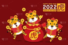 快乐春节贺卡2022，可爱的老虎和金钱。动物节日卡通人物。翻译:老虎。向量