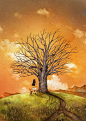 树的故事_如今叶子落尽的大树 ~ 来自韩国插画家Aeppol 的「森林女孩日记」系列插画。