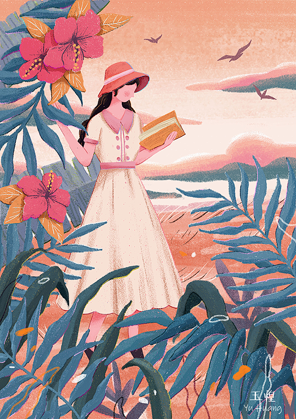 玉煌-夕阳下看书的女孩 丝网印风格插画 ...