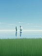 two people walk among green grass next to water, in the style of animated film pioneer, minimalist surrealist, white, gongbi, rtx on, azure, graceful