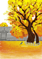 秋天银杏手绘插画风景环境@布衣狗子  秋季 植物 公园插画