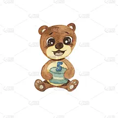 可爱的棕色大眼睛泰迪熊在他的爪子里抱着一个生日蛋糕和数字5。