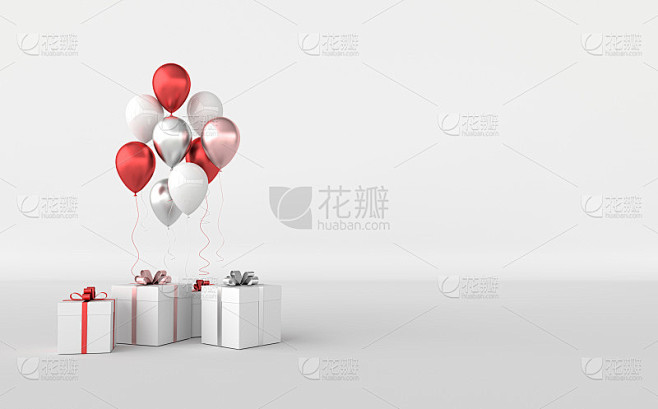 3d渲染插图逼真的光泽彩色气球和礼盒与丝...