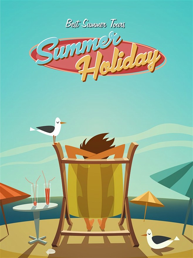 夏日暑假休闲度假阳光沙滩椅果汁人物小鸟水...
