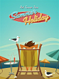 夏日暑假休闲度假阳光沙滩椅果汁人物小鸟水彩卡通插画海报