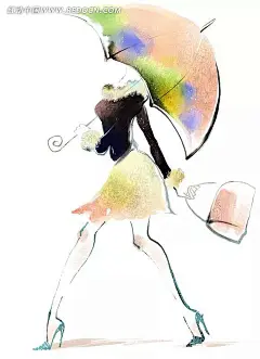 女孩拿着雨伞简笔插画PSD分层素材|包包|插图|女孩|女人生活|喷绘|人物素材|人物图片|手绘|水彩画|雨伞|走路