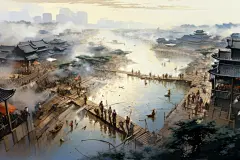 清明上河图风格插画图片