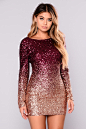 Wynn Sequin Dress - Burgundy/Rose Gold : All on eyes on you in this fabulous long sleeve ombre sequin mini dress! This item feature a scoop back and is available in burgundy, rose gold, and navy/comboAvailable In Burgundy/Rose Gold And Navy/ComboLong Slee