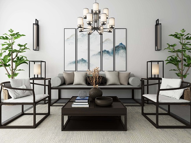 新中式沙发茶几吊灯地毯组合-室内设计-拓...