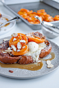 Challah French Toast with Roasted Apricots, Vanilla Mascarpone, and Toasted Almonds
