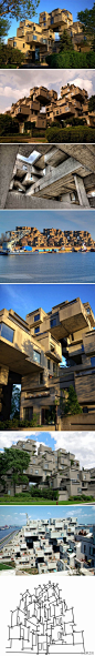 【364个立方体堆积出来的房子】Habitat 67是一座位于加拿大蒙特利尔圣罗伦斯河畔的一个住宅小区，加拿大建筑师萨夫迪Moshe Safdie是这座建筑的总设计师。将每一盒子式的住宅单元都设定为统一的模块，再像集装箱那样以参差错落的形式堆积起来，做到形散神不散。