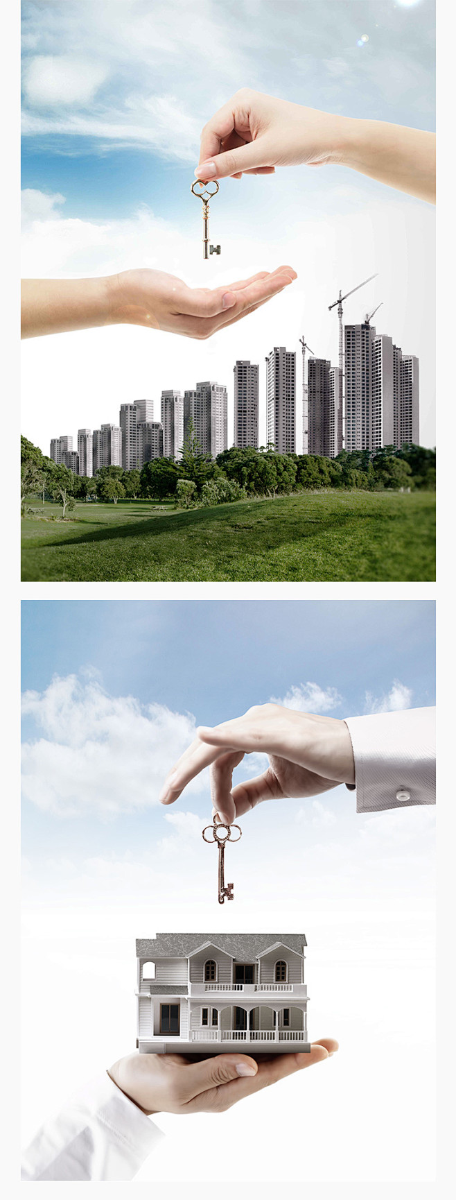 城市房地产楼盘工地卖房交房手拿钥匙创意合...