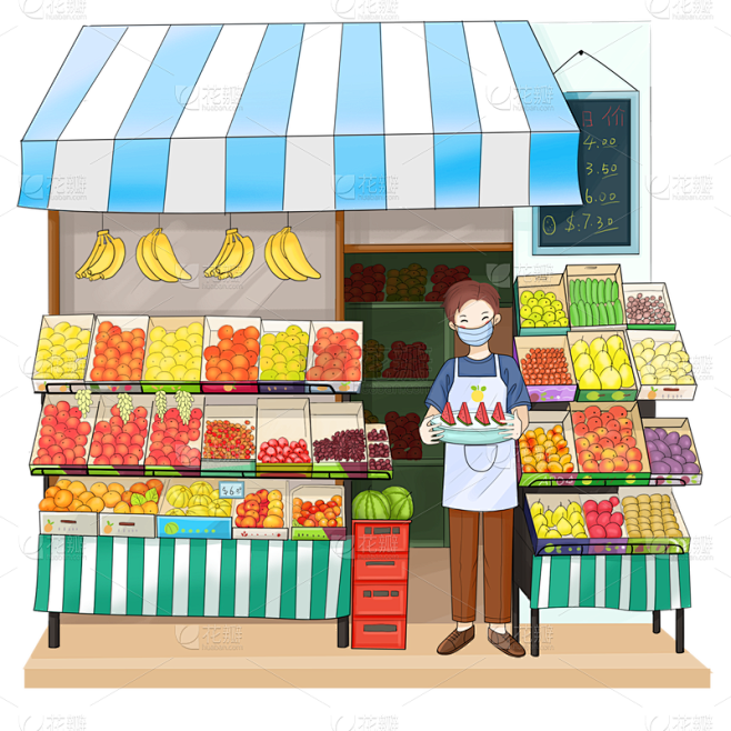 街头水果店手绘插画
