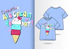 甜筒冰淇淋手绘可爱T恤印花插画图案矢量图设计素材