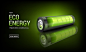 Vector banner with realistic green battery, environmental alternative energy. charging status indicator