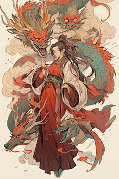 水墨古装红衣少女古风女孩和龙插画