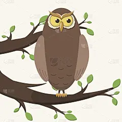 矢量简单孤立的插图。卡通人物猫头鹰或鹰鸮坐在有树叶的树枝上。长着大眼睛和大喙的鸟。