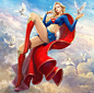 General 3025x3000 Kim Sung Hwan drawing blonde Supergirl long hair animals birds pigeons flying floating blue clothing skirt cape red clothing shoes high heels sky clouds looking at viewer painted nails red nails DC Comics reflection