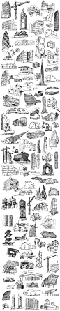 XXI Architecture : Poster commisioned by Fundacja Bęc Zmiana regarding present/future architectural problems and theories. Over 100 drawings of contemporary, futuristic, modern and casual, unfinished buildings, construction machines and cranes formed a ty
