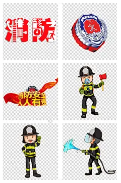 卡通消防员手绘救火素材