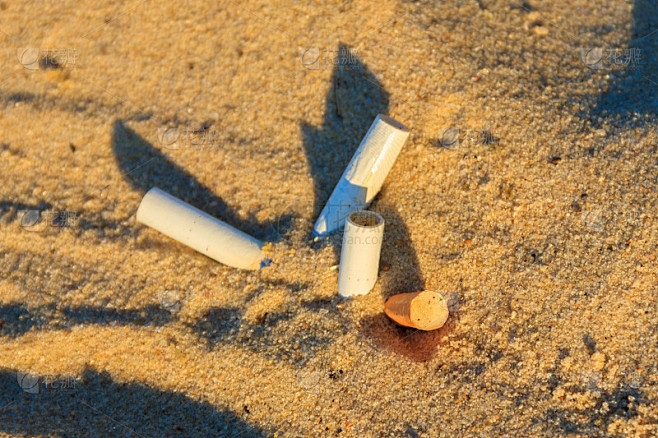 烟头在海边的黄沙上。环境污染的概念。人性的问题。吸烟，坏习惯。尼古丁上瘾。垃圾