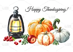 11、元宵和秋日南瓜丰收，感恩节贺卡。手绘水彩插图孤立的白色背景