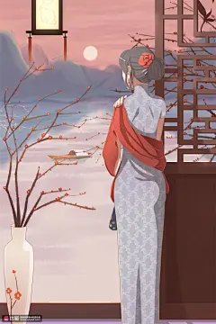 水墨手绘梅花泛舟旗袍美女民国人物插画民俗民风素材下载-优图网-UPPSD