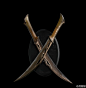 《The Hobbit:Weapons collection》1-巴林的战锤；2-GLAMDRING（敌击剑）；3-Sting（针刺剑）；4-ORCRIST （兽咬剑）；5-Tauriel's Daggers（塔瑞尔的副武器双刀）；6-Tauriel's Bow&Arrow（塔瑞尔的弓箭）；7-瑟兰迪尔的权杖；8-灰袍甘道夫法杖；9-褐袍拉德盖斯特法杖。