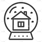 水晶球和小屋线和坚实的图标.雪球与房子内部轮廓风格象形文字白色背景.带有家庭标志的玻璃纪念品，用于移