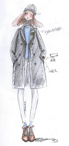 插画，服装设计稿，冬季，日系，韩系， ，手绘 ，呢外套