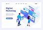 Isometric concept young entrepreneurs insist data for digital marketing, advertising on the internet.template landing page for website Premium Vector