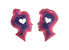 情人节情侣插画 | 图源免费点击来源直接获取大图文件 |Man and woman heads in 3d paper cut style with cutout heart shape for romantic relationship or love psychology concept. Young straight couple papercut illustration on isolated white background. 