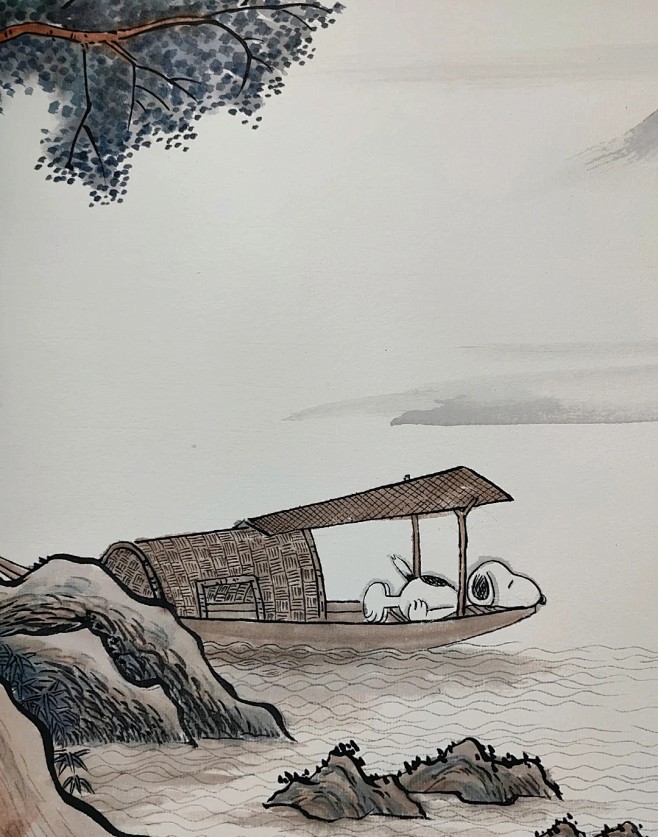 史努比发呆国画_1_手绘先生冯园JASO...