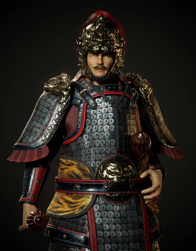 中国古代唐朝武将盔甲+金瓜锤-花瓣网