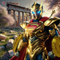 an image of a man dressed in armor and holding a shield with the parthenion behind him