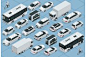 Flat 3d isometric high quality city : Flat 3d isometric high quality city transport car icon set. Bus, bicycle courier, Sedan, van, cargo truck, off-road, bike, mini and sport cars. Urban public and freight vehihle.