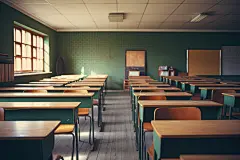 现代教室课桌椅场景摄影图