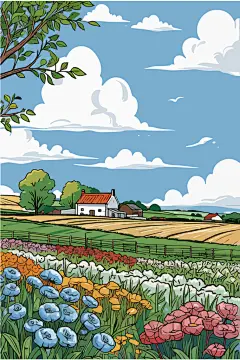唯美农村房屋田地插画