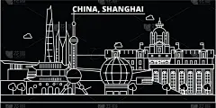 上海,城市天际线,城市,地形,户外,夜晚,轮廓,直的,剪影