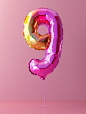 3D realistic number 9 balloon. Holiday illustrations render balloons on a clean background, with studio lighting, in a high-resolution photo, Yellow to magenta gradient with pink background, macaron color scheme, dreamy colors, with crazy details, fine de